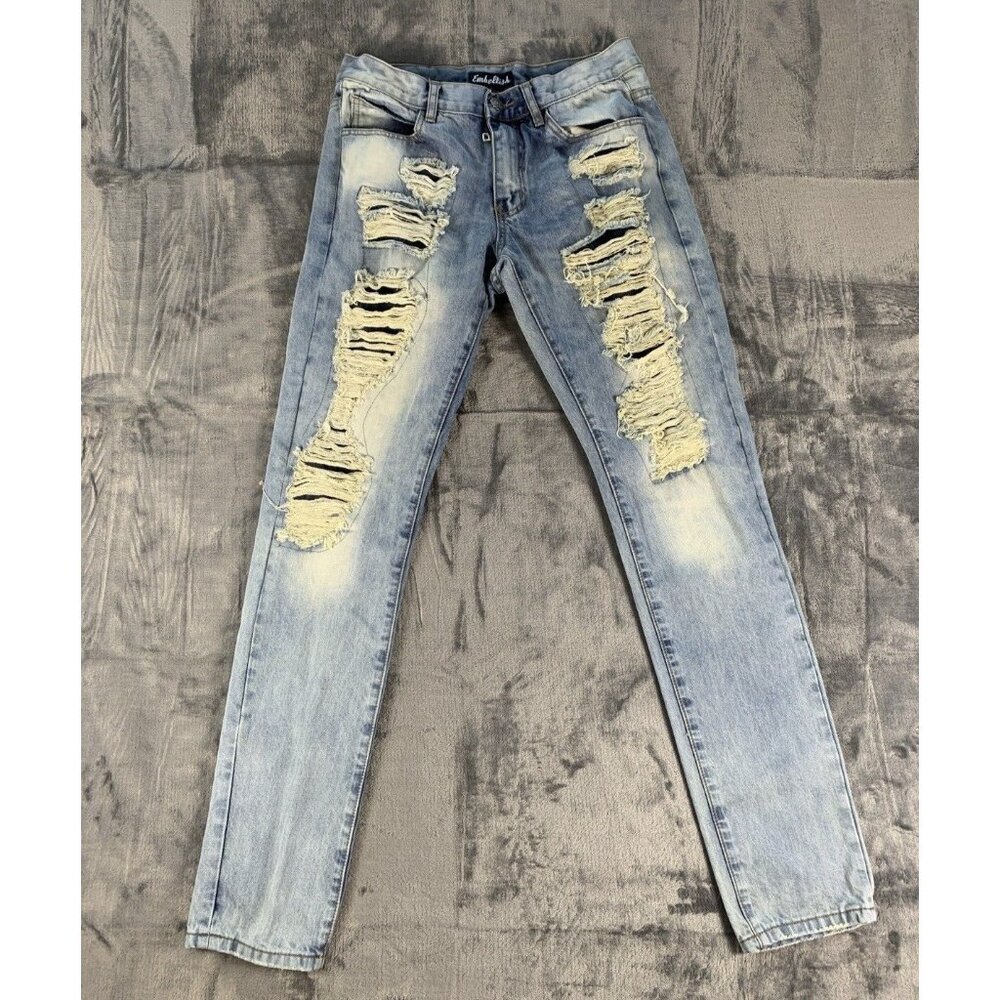 Embellish Men's Size 32x32 Blue Biker Denim Jeans HOLES DISTRESSED